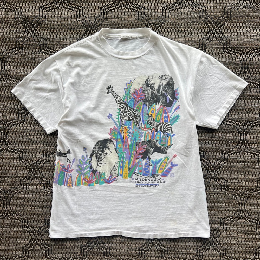 Vintage San Diego Zoo T-Shirt Mens Large White African Savanna Nature 90s